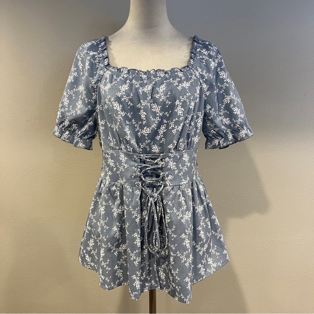 Bloomchic‎ Floral Blue Women's short sleeves blouse cottagecore style